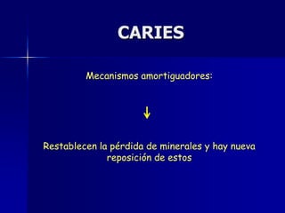CARIES

         Mecanismos amortiguadores:




Restablecen la pérdida de minerales y hay nueva
              reposición de estos
 
