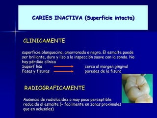 CARIES INACTIVA (Superficie intacta)



CLINICAMENTE

superficie blanquecina, amarronada o negra. El esmalte puede
ser brillante, duro y liso a la inspección suave con la sonda. No
hay pérdida clínica
Superf lisa                           cerca al margen gingival
Fosas y fisuras                       paredes de la fisura



 RADIOGRAFICAMENTE

Ausencia de radiolucidez o muy poco perceptible
reducida al esmalte (+ facilmente en zonas proximales
que en oclusales)
 