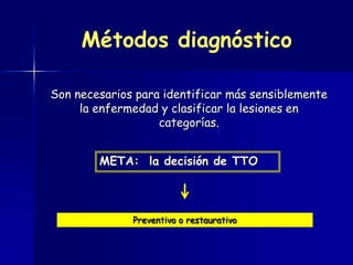 Métodos diagnóstico

Son necesarios para identificar más sensiblemente
     la enfermedad y clasificar la lesiones en
                   categorías.


        META: la decisión de TTO



              Preventivo o restaurativo
 