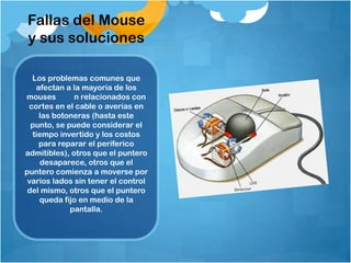 Fallas del Mouse
y sus soluciones

  Los problemas comunes que
   afectan a la mayoria de los
mouses        n relacionados con
 cortes en el cable o averias en
    las botoneras (hasta este
  punto, se puede considerar el
  tiempo invertido y los costos
    para reparar el periferico
admitibles), otros que el puntero
     desaparece, otros que el
puntero comienza a moverse por
 varios lados sin tener el control
 del mismo, otros que el puntero
    queda fijo en medio de la
             pantalla.
 
