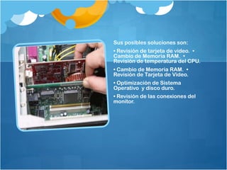 Sus posibles soluciones son:
• Revisión de tarjeta de video. •
Cambio de Memoria RAM. •
Revisión de temperatura del CPU.
• Cambio de Memoria RAM. •
Revisión de Tarjeta de Video.
• Optimización de Sistema
Operativo y disco duro.
• Revisión de las conexiones del
monitor.
 