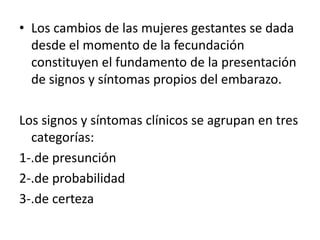 Los cambios de las mujeres gestantes se dada desde el momento de la fecundación constituyen el fundamento de la presentación de signos y síntomas propios del embarazo.Los signos y síntomas clínicos se agrupan en tres categorías:1-.de presunción 2-.de probabilidad3-.de certeza