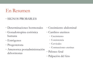 En Resumen
• SIGNOS PROBABLES
• Determinaciones hormonales
• Gonadotropina coriónica
humana
• Estrógenos
• Progesterona
• Amenorrea postadministración
dehormonas
• Crecimiento abdominal
• Cambios uterinos
• Crecimiento
• Consistencia
• Cervicales
• Contracciones uterinas
• Peloteo fetal
• Palpación del feto
 