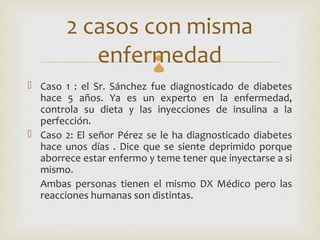 2 casos con misma
           enfermedad     
 Caso 1 : el Sr. Sánchez fue diagnosticado de diabetes
  hace 5 años. Ya es un experto en la enfermedad,
  controla su dieta y las inyecciones de insulina a la
  perfección.
 Caso 2: El señor Pérez se le ha diagnosticado diabetes
  hace unos días . Dice que se siente deprimido porque
  aborrece estar enfermo y teme tener que inyectarse a si
  mismo.
  Ambas personas tienen el mismo DX Médico pero las
  reacciones humanas son distintas.
 