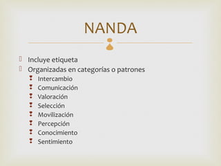 NANDA
                         
 Incluye etiqueta
 Organizadas en categorías o patrones
      Intercambio
      Comunicación
      Valoración
      Selección
      Movilización
      Percepción
      Conocimiento
      Sentimiento
 