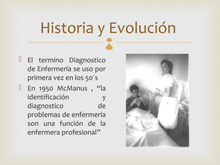 Historia y Evolución 
 El termino Diagnostico
  de Enfermería se uso por
  primera vez en los 50´s
 En 1950 McManus , “la
  identificación           y
  diagnostico             de
  problemas de enfermería
  son una función de la
  enfermera profesional”
 