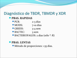 Diagnóstico de TBDR, TBMDR y XDR
  PBAS. RAPIDAS
   PCR:        2-3 días
   MODS:       7-10 días
   GRIESS:     3-4 sem
   BACTEC:     3 sem
   BACTERIOFAGOS: 2 días (sólo ®: R)


  PBAS. LENTAS
   Método de proporciones: >35 días.
 