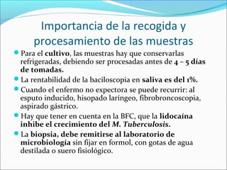 Importancia de la recogida y
      procesamiento de las muestras
Para el cultivo, las muestras hay que conservarlas
 refrigeradas, debiendo ser procesadas antes de 4 – 5 días
 de tomadas.
La rentabilidad de la baciloscopia en saliva es del 1%.
Cuando el enfermo no expectora se puede recurrir: al
 esputo inducido, hisopado laríngeo, fibrobroncoscopia,
 aspirado gástrico.
Hay que tener en cuenta en la BFC, que la lidocaína
 inhibe el crecimiento del M. Tuberculosis.
La biopsia, debe remitirse al laboratorio de
 microbiología sin fijar en formol, con gotas de agua
 destilada o suero fisiológico.
 