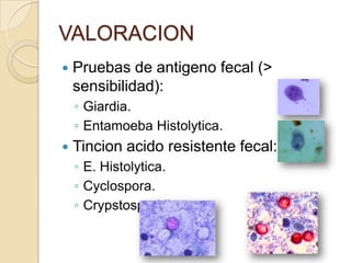 VALORACION
 Pruebas de antigeno fecal (>
sensibilidad):
◦ Giardia.
◦ Entamoeba Histolytica.
 Tincion acido resistente fecal:
◦ E. Histolytica.
◦ Cyclospora.
◦ Crypstosporidium.
 