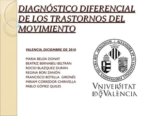 DIAGNÓSTICO DIFERENCIAL
DE LOS TRASTORNOS DEL
MOVIMIENTO

 VALENCIA, DICIEMBRE DE 2010
  
 MARIA BELDA DONAT
 BEATRIZ BERNABEU BELTRÁN
 ROCIO BLAZQUEZ DURÁN
 REGINA BORI ZANÓN
 FRANCISCO BOTELLA GIRONÉS
 MIRIAM CORREDOR CHIRIVELLA
 PABLO GÓMEZ QUILES
 