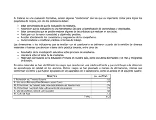 A l tratarse de una evaluación formativa, existen algunas “condiciones” con las que es importante contar para lograr los 
propósitos de mejora, por ello los profesores deben: 
 Estar convencidos de que la evaluación es necesaria. 
 Reconocer que la evaluación es una herramienta útil para la identificación de las fortalezas y debilidades. 
 Estar convencidos que es posible mejorar algunas de las prácticas que realizan en sus aulas. 
 Participar con la mayor honestidad y objetividad posibles. 
 Aceptar abiertamente los comentarios y sugerencias de los compañeros. 
 Comprometerse a modificar prácticas o formas de trabajo. 
Las dimensiones y los indicadores que se evalúan con el cuestionario se definieron a partir de la revisión de diversos 
materiales y fuentes que abordan el tema de la práctica docente, entre otros de: 
 Resultados de la investigación educativa sobre procesos de enseñanza. 
 Literatura sobre el tema de la enseñanza. 
 Materiales curriculares de la Educación Primaria en nuestro país, como los Libros del Maestro y el Plan y Programas 
de Estudio. 
En estos materiales se han identificado los rasgos que caracterizan una práctica eficiente y que contribuyen a la obtención 
de aprendizajes de calidad en los alumnos. Dichos rasgos se han plasmado a manera de afirmaciones, mismas que 
conforman los ítems y que fueron agrupados en seis apartados en el cuestionario, como se aprecia en el siguiente cuadro: 
TEMÁTICA No. de ITEMS 
I. PLANEACIÓN DEL TRABAJO DOCENTE 18 
II. USO DE LOS RECURSOS PARA DESARROLLAR LAS CLASES 17 
III. ESTRATEGIAS Y ACTIVIDADES PARA PROMOVER APRENDIZAJES SIGNIFICATIVOS 35 
IV. ESTRATEGIAS Y ACCIONES PARA LA EVALUACIÓN DE LOS ALUMNOS 19 
V. USO DE LOS RESULTADOS DE LA EVALUACIÓN 10 
VI. CLIMA DE AULA 13 
TOTAL 112 
 