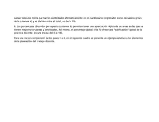 suman todos los ítems que fueron contestados afirmativamente en el cuestionario (registrados en los recuadros grises 
de la columna 4) y se dividen entre el total, es decir 116. 
6. Los porcentajes obtenidos por aspecto (columna 6) permiten tener una apreciación rápida de las áreas en las que se 
tienen mayores fortalezas y debilidades. Así mismo, el porcentaje global (fila 7) ofrece una “calificación” global de la 
práctica docente, en una escala del 0 al 100. 
Para una mejor comprensión de los pasos 1 a 4, en el siguiente cuadro se presenta un ejemplo relativo a los elementos 
de la planeación del trabajo docente. 
 
