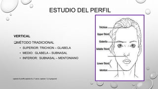 ESTUDIO DEL PERFIL
VERTICAL
MÉTODO TRADICIONAL
• SUPERIOR: TRICHION – GLABELA
• MEDIO: GLABELA – SUBNASAL
• INFERIOR: SUBNASAL – MENTONIANO
capitulo 6 proffit,capitulo 6 y 7 canut, capitulo 1,2,3 gregroret
 