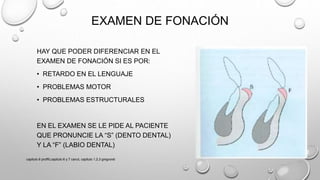 EXAMEN DE FONACIÓN
HAY QUE PODER DIFERENCIAR EN EL
EXAMEN DE FONACIÓN SI ES POR:
• RETARDO EN EL LENGUAJE
• PROBLEMAS MOTOR
• PROBLEMAS ESTRUCTURALES
EN EL EXAMEN SE LE PIDE AL PACIENTE
QUE PRONUNCIE LA “S” (DENTO DENTAL)
Y LA “F” (LABIO DENTAL)
capitulo 6 proffit,capitulo 6 y 7 canut, capitulo 1,2,3 gregroret
 