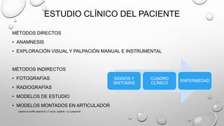 MÉTODOS DIRECTOS
• ANAMNESIS
• EXPLORACIÓN VISUAL Y PALPACIÓN MANUAL E INSTRUMENTAL
MÉTODOS INDIRECTOS
• FOTOGRAFÍAS
• RADIOGRAFÍAS
• MODELOS DE ESTUDIO
• MODELOS MONTADOS EN ARTICULADOR
ESTUDIO CLÍNICO DEL PACIENTE
SIGNOS Y
SINTOMAS
CUADRO
CLÍNICO
ENFERMEDAD
capitulo 6 proffit,capitulo 6 y 7 canut, capitulo 1,2,3 gregroret
 