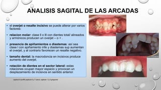• el overjet o resalte incisivo se puede alterar por varios
factores:
• relacion molar: clase ll o lll con dientes total/ alineados
y armónicos producen un overjet – o + .
• presencia de apiñamientos o diastemas: así sea
clase l con apiñamiento infe y diastemas sup aumentan
el overjet, y al contrario favorecen un resalte negativo.
• tamaño dental: la macrodoncia en incisivos produce
aumento del overjet.
• rotación de dientes en el sector lateral: estas
rotaciones ocupan mayor espacio y provocan un
desplazamiento de incisivos en sentido anterior.
ANALISIS SAGITAL DE LAS ARCADAS
capitulo 6 proffit,capitulo 6 y 7 canut, capitulo 1,2,3 gregroret
 