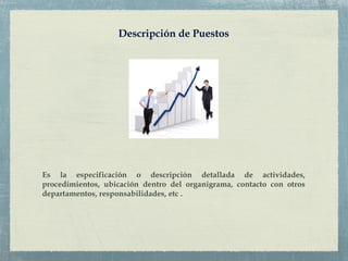 Descripción de Puestos
Es la especificación o descripción detallada de actividades,
procedimientos, ubicación dentro del organigrama, contacto con otros
departamentos, responsabilidades, etc .
 
