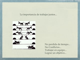 La importancia de trabajar juntos...
No perdida de tiempo...
No Conflictos...
Trabajar en equipo...
Lograr un objetivo...
 