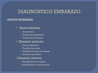 SIGNOS PROBABLES
 AntecedentesAntecedentes
 AmenorreaAmenorrea
 Trastornos digestivosTrastornos digestivos
 Trastornos urinariosTrastornos urinarios
 Examen externoExamen externo
 Forma abdomenForma abdomen
 Tamaño del úteroTamaño del útero
 Modificación de las mamasModificación de las mamas
 Cloasma gravídicoCloasma gravídico
Examen internoExamen interno
 Modificación de vaginaModificación de vagina
 Modificación cuello uterinoModificación cuello uterino
 