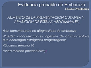 AUMENTO DE LA PIGMENTACION CUTANEA Y
APARICION DE ESTRIAS ABDOMINALES
•Son comunes pero no diagnosticas de embarazo
•Pueden asociarse con la ingestión de anticonceptivos
que contengan estrógenos-progestagenos
•Cloasma semana 16
•Línea morena (melanóforos))
SIGNOS PROBABLESSIGNOS PROBABLES
Evidencia probable de Embarazo
 