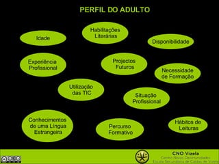 PERFIL DO ADULTO Idade Utilização das TIC Conhecimentos de uma Língua Estrangeira Hábitos de Leituras Disponibilidade Experiência Profissional Habilitações Literárias Percurso Formativo Necessidade de Formação Projectos Futuros Situação Profissional