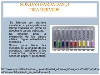 SONDAS BARBADAS O
TIRANERVIOS.
• Se fabrican con alambre
circular en cuya superficie se
labran muescas en forma de
ganchos o barbas dobladas.
• Se emplean para la
extirpación de las pulpas
vitales. Reglas milimetradas
metálicas.
• Sirven para llevar las
medidas de la longitud de los
conductos radiculares a los
instrumentos endodónticos,
conos de papel, y gutapercha
http://www.ucv.ve/fileadmin/user_upload/facultad_odontologia/Imagenes/Portal/Endodonci
a/Instrumental_utilizado_en_endodoncia.pdf
 