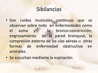 Sibilancias
• Son ruidos musicales continuos que se
observan sobre todo en enfermedades como
el asma y la bronco-constricción,
engrosamiento de la pared bronquial, la
compresión externa de las vías aéreas u otras
formas de enfermedad obstructiva en
animales.
• Se escuchan mediante la espiración.
 
