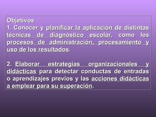 Objetivos
1. Conocer y planificar la aplicación de distintas
técnicas de diagnóstico escolar, como los
procesos de administración, procesamiento y
uso de los resultados.
2. Elaborar estrategias organizacionales y
didácticas para detectar conductas de entradas
o aprendizajes previos y las acciones didácticas
a emplear para su superación.
Objetivos
1. Conocer y planificar la aplicación de distintas
técnicas de diagnóstico escolar, como los
procesos de administración, procesamiento y
uso de los resultados.
2. Elaborar estrategias organizacionales y
didácticas para detectar conductas de entradas
o aprendizajes previos y las acciones didácticas
a emplear para su superación.
 