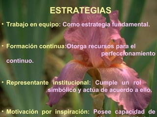 • Trabajo en equipo: Como estrategia fundamental.
• Formación continua:Otorga recursos para el
perfeccionamiento
continuo.
• Representante institucional: Cumple un rol
simbólico y actúa de acuerdo a ello.
• Motivación por inspiración: Posee capacidad de
ESTRATEGIAS
 