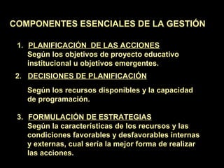 COMPONENTES ESENCIALES DE LA GESTIÓN
1. PLANIFICACIÓN DE LAS ACCIONES
Según los objetivos de proyecto educativo
institucional u objetivos emergentes.
Según los recursos disponibles y la capacidad
de programación.
3. FORMULACIÓN DE ESTRATEGIAS
Según la características de los recursos y las
condiciones favorables y desfavorables internas
y externas, cual sería la mejor forma de realizar
las acciones.
2. DECISIONES DE PLANIFICACIÓN
 