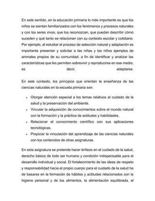 En este sentido, en la educación primaria lo más importante es que los
niños se sientan familiarizados con los fenómenos y procesos naturales
y con los seres vivos, que los reconozcan, que puedan describir cómo
suceden y qué tanto se relacionan con su contexto escolar y cotidiano.
Por ejemplo, al estudiar el proceso de selección natural y adaptación es
importante presentar y solicitar a las niñas y los niños ejemplos de
animales propios de su comunidad, a fin de identificar y analizar las
características que les permiten sobrevivir y reproducirse en ese medio,
es decir, adaptarse.
En este contexto, los principios que orientan la enseñanza de las
ciencias naturales en la escuela primaria son:
 Otorgar atención especial a los temas relativos al cuidado de la
salud y la preservación del ambiente.
 Vincular la adquisición de conocimientos sobre el mundo natural
con la formación y la práctica de actitudes y habilidades.
 Relacionar el conocimiento científico con sus aplicaciones
tecnológicas.
 Propiciar la vinculación del aprendizaje de las ciencias naturales
con los contenidos de otras asignaturas.
En esta asignatura se pretende hacer énfasis en el cuidado de la salud,
derecho básico de todo ser humano y condición indispensable para el
desarrollo individual y social. El fortalecimiento de las ideas de respeto
y responsabilidad hacia el propio cuerpo para el cuidado de la salud ha
de basarse en la formación de hábitos y actitudes relacionados con la
higiene personal y de los alimentos, la alimentación equilibrada, el
 