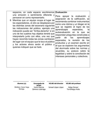 espacios, en cada espacio escribiremos
una emoción o sentimiento diferente y
pensaran en como representarlo.
6 Mientras que un equipo ocupa el lugar de
los espectadores, el otro se desplazara por
las distintas zonas del escenario siguiendo
las indicaciones del público, ejemplo una
indicación puede ser “Arriba-derecha” si en
uno de los cuadros hay objetos tendrá que
interpretarlo junto con ellos, una vez que
hayan recorrido todas las zonas cambiaran
de lugar con el equipo que le toco el público
y los actores ahora serán el público y
quienes indiquen que se hará.
Evaluación
Para apoyar la evaluación y
asignación de la calificación, se
recomienda combinar instrumentos
como una rúbrica y un bloger en la
que se registre el logro de los
aprendizajes esperados, la
autoevaluación en la que se
respondan preguntas construidas a
partir de los aprendizajes
esperados, la revisión de los
productos y un examen escrito en
el que se exploren los argumentos
del alumnado sobre las normas y
acuerdos, su postura sobre la
legalidad y sobre la conciliación de
intereses personales y colectivos.
__________________ ________________ ___________________ __________________
Alumno (a) Encargada de
grupo
VO.BO del director VO.BO del profesor
Sthefany Yaraví Vega
Noriega.
Irene Patricia
Zamora Lizárraga
Ismael López López Helga Donaxí
Torróntegui Avila
 