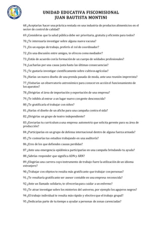 UNIDAD EDUCATIVA FISCOMISIONAL
JUAN BAUTISTA MONTINI
68 ¿Aceptarías hacer una práctica rentada en una industria de productos alimenticios en el
sector de controlde calidad?
69 ¿Consideras que la salud pública debe ser prioritaria, gratuita y eficiente para todos?
70 ¿Te interesaría investigar sobre alguna nueva vacuna?
71 ¿En un equipo de trabajo, preferís el rol de coordinador?
72 ¿En una discusión entre amigos, te ofreces comomediador?
73 ¿Estás de acuerdo conla formaciónde un cuerpo de soldados profesionales?
74 ¿Lucharías por una causa justa hasta las últimas consecuencias?
75 ¿Te gustaría investigar científicamente sobre cultivosagrícolas?
76 ¿Harías un nuevo diseño de una prenda pasada de moda, ante una reunión imprevista?
77 ¿Visitarías un observatorio astronómico para conoceren acciónel funcionamiento de
los aparatos?
78 ¿Dirigirías el área de importación y exportación de una empresa?
79 ¿Te inhibís al entrar a un lugar nuevo congente desconocida?
80 ¿Te gratificaría el trabajar con niños?
81 ¿Harías el diseño de un afiche para una campaña contra el sida?
82 ¿Dirigirías un grupo de teatro independiente?
83 ¿Enviarías tu currículum a una empresa automotriz que solicita gerente para su área de
producción?
84 ¿Participarías en un grupo de defensa internacional dentro de alguna fuerza armada?
85 ¿Te costearías tus estudios trabajando en una auditoría?
86 ¿Eres de los que defiendes causas perdidas?
87 ¿Ante una emergencia epidémica participarías en una campaña brindando tu ayuda?
88 ¿Sabrías responder que significa ADN y ARN?
89 ¿Elegirías una carrera cuyoinstrumento de trabajo fuere la utilización de un idioma
extranjero?
90 ¿Trabajar con objetos te resulta más gratificante que trabajar conpersonas?
91 ¿Te resultaría gratificante ser asesor contable en una empresa reconocida?
92 ¿Ante un llamado solidario, te ofreceríaspara cuidar a un enfermo?
93 ¿Te atrae investigar sobre los misterios del universo, por ejemplo los agujeros negros?
94 ¿El trabajo individual te resulta más rápido y efectivoque el trabajo grupal?
95 ¿Dedicarías parte de tu tiempo a ayudar a personas de zonas carenciadas?
 