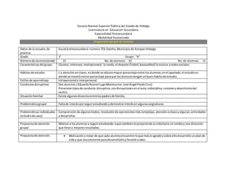 Escuela Normal Superior Pública del Estado de Hidalgo
Licenciatura en Educación Secundaria
Especialidad Telesecundaria
Modalidad Escolarizada
Diagnostico grupal de tutorías
Datos de la escuela de
practica
Escuelatelesecundaria número723;Daxtha, Municipiode ActopanHidalgo.
Grado 1° Grupo: “A”
Númerode alumnos(total): 21 No.de alumnos: 10 No.de alumnas: 11
Característicasdel grupo (Gustos,intereses,motivaciones) la moda,el deporte (futbol,basquetbol) lamúsica yredessociales.
Hábitosde estudio L a atenciónenclases,esdonde se obtuvomayorporcentaje entre losalumnos;enel apartado el estudioes
donde se mostrómenorporcentaje paraque losalumnostenganunbuenhabitode estudio.
Estilosde aprendizaje Intrapersonal e interpersonal.
Conductasdisruptivas Dos alumnos.( EduardoRuvicel LugoMoctezuma- José Ángel PardoCruz)
Presentantiposde conducta disruptiva,condisrupcionesen el aula,indisciplina,rumoresyabsentismodel
centro.
Situaciónfamiliar Existe algunosdivorciosentrelospadres de familia,
Problemáticagrupal Faltade interésporseguirestudiando ydemostrarinterésenalgunasasignaturas.
Problemáticas individuales
(estudiode caso)
Comprensiónde algunostextos, resoluciónde operacionesmáscomplejas,atenciónaclasesyalgunas actividades
a desarrollar.
Propuestade atención
grupal
Motivar a losalumnos a seguirestudiando aque cambienel proyectode suvidahacia un rumboy una dirección
que lleve a mejoresresultados.
Propuestade atención.  Motivacióny tratar de que cada alumnoencuentre loque másle agrade ysobre ellodesarrolle unplande
viday que seaconsiente paradesarrollarloyllevarloacabo.
 