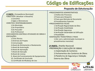 Código de Edificações
Proposta de Estruturação
1ª PARTE: (Competência Municipal)
•OBJETIVOS: (Atualizar o Glossário)
1.Conceitos
2.Siglas e Abreviaturas
•DIREITOS E RESPONSABILIDADES:
1.Do Município
2.Do Proprietário
3.Do Possuidor
4.Do Profissional
•DOCUMENTOS CONTROLE ATIVIDADES DE OBRAS E
EDIFICAÇÕES:
1.Ficha Técnica
2.Diretrizes de Projeto
3.Comunicação
4.Alvará de Alinhamento e Nivelamento
5.Alvará de Autorização
6.Alvará de Aprovação
7.Alvará de Execução
8.Alvará de Licença
9. Alvará de Funcionamento de Equipamentos
10. Certificado de Conclusão
11.Certificado de Mudança de Uso

•PROCEDIMENTOS ADMINISTRATIVOS
1.Análise dos Processos
2.Prazos para Despacho
3.Prazo para Retirada de Documento
4.Procedimentos Especiais
•PROCEDIMENTOS FISCAIS
1.Verificação Regularidade da Obra
2.Verificação Estabilidade
3.Verificação Segurança
4.Verificação Salubridade da Edificação
5.Penalidades
•DISPOSIÇÕES TRANSITÓRIAS E FINAIS
1.(Ver com a administração municipal os
procedimentos inerentes)

2ª PARTE: (Padrão Nacional)
•PREPARAÇÃO E EXECUÇÃO DE OBRAS
1.Implantação de Canteiros
2.Fechamentos dos Canteiros de Obras
3.Plataforma de Segurança e Vedação
Externa das Obras

 