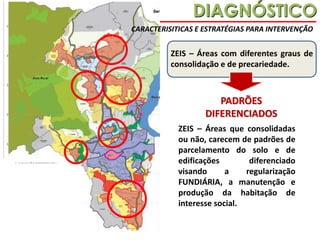 DIAGNÓSTICO
CARACTERISITICAS E ESTRATÉGIAS PARA INTERVENÇÃO

ZEIS – Áreas com diferentes graus de
consolidação e de precariedade.

PADRÕES
DIFERENCIADOS
ZEIS – Áreas que consolidadas
ou não, carecem de padrões de
parcelamento do solo e de
edificações
diferenciado
visando
a
regularização
FUNDIÁRIA, a manutenção e
produção da habitação de
interesse social.

 