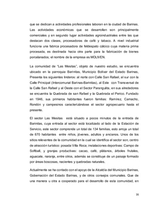 16
que se dedican a actividades profesionales laboran en la ciudad de Barinas.
Las actividades económicas que se desarrollan son principalmente
comerciales y en segundo lugar actividades agroindustriales entre las que
destacan dos clases, procesadoras de café y tabaco. A nivel industrial
funciona una fabrica procesadora de feldespato cálcico cuya materia prima
procesada, es destinada hacia otra parte para la fabricación de bienes
porcelanados; el nombre de la empresa es MOLIVEN.
La comunidad de “Las Mesitas”, objeto de nuestro estudio, se encuentra
ubicado en la parroquia Barinitas, Municipio Bolívar del Estado Barinas,
Presenta los siguientes linderos: al norte con Calle San Rafael, al sur con la
Calle Principal (Intercomunal Barinas-Barinitas), al Este con Transversal de
la Calle San Rafael y al Oeste con el Sector Parangulita, en sus alrededores
se encuentra la Quebrada de san Rafael y la Quebrada el Perico. Fundado
en 1946, sus primeros habitantes fueron familias: Ramírez, Camacho,
Rondón y campesinos caracterizándose el sector agropecuario hasta el
presente.
El sector Las Mesitas está situado a pocos minutos de la entrada de
Barinitas, cuya entrada al sector está localizado al lado de la Estación de
Servicio, este sector comprende un total de 134 familias, esto arroja un total
de 670 habitantes entre niños, jóvenes, adultos y ancianos. Unos de los
sitios relevantes de la comunidad en la cual se identifica el sector son, centro
de atracción turístico: posada Villa Roca; instalaciones deportivas: Campo de
Softball, y granjas productivas: cacao, café, plátanos, árboles frutales,
aguacate, naranja, entre otros, además se constituye de un paisaje formado
por áreas boscosas, nacientes y quebradas naturales.
Actualmente se ha contado con el apoyo de la Alcaldía del Municipio Barinas,
Gobernación del Estado Barinas, y de otros consejos comunales. Que de
una manera u otra a cooperado para el desarrollo de esta comunidad, en
 