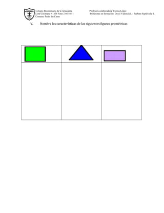 Colegio Bicentenario de la Araucanía Profesora colaboradora: Corina López
Lord Cochrane # 1336 Fono 2 40 10 51 Profesoras en formación: Deysi Valencia L.- Bárbara Sepúlveda S.
Comuna Padre las Casas
V. Nombra las características de las siguientes figuras geométricas