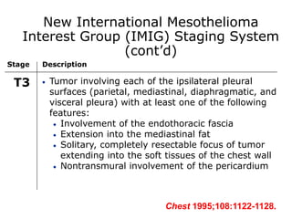 Stage Description
T3  Tumor involving each of the ipsilateral pleural
surfaces (parietal, mediastinal, diaphragmatic, and
visceral pleura) with at least one of the following
features:
 Involvement of the endothoracic fascia
 Extension into the mediastinal fat
 Solitary, completely resectable focus of tumor
extending into the soft tissues of the chest wall
 Nontransmural involvement of the pericardium
New International Mesothelioma
Interest Group (IMIG) Staging System
(cont’d)
Chest 1995;108:1122-1128.
 