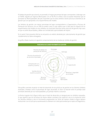 ANÁLISIS DE RESULTADOS DIAGNÓSTICO NACIONAL 2015 CALIDAD DE LA GESTIÓN MUNICIPAL
27
El ámbito de gestión que alcanzó, en promedio, el mayor porcentaje de logro corresponde a Liderazgo con
un 59,4%, seguido por Ingresos Municipales con un 56,7%. En ambos casos se puede interpretar que en
promedio las Municipalidades del país responden que en estos ámbitos tienen prácticas sistemáticas de
gestión que son apropiadas a los requerimientos del modelo.
Los ámbitos de gestión con menor porcentaje de logro correspondieron a Capacitación y Proceso de
Prestación de Servicios con un 29% en ambos casos, lo que implica que si bien para la mayoría de los
requerimientos del modelo en esos ámbitos, los municipios declaran tener prácticas de gestión, hay casos
en que no están desarrolladas y deben ser consideradas oportunidades de mejora.
En el punto 9 del presente informe se encuentra un análisis detallado por cada elemento de gestión que
complementa los datos entregados.
Un gráfico Radar muestra el siguiente comportamiento de las medias por ámbito de gestión:
Este gráfico permite visualizar el nivel de desarrollo de las prácticas de gestión en los distintos ámbitos
evaluados, medidos como el porcentaje de logro alcanzado, es decir la relación entre el puntaje total
promedio obtenido por las municipalidades y el puntaje máximo a alcanzar.
La forma irregular de la figura indica que el nivel de desarrollo es desigual para los ámbitos evaluados,
lo que significa que las iniciativas de mejora deben considerar dos aspectos, uno es la nivelación entre
los distintos ámbitos y dos el crecimiento propiamente tal. Dicho de manera simple la figura debiera
evolucionar a un círculo que va aumentando su diámetro en cada oportunidad que se aplica el Diagnóstico.
Estrategia
Liderazgo
Capacitación
Competencias
de las personas
Procesos de apoyo a la
prestación de servicios
Procesos de prestación
de servicios municipales
Comunicación con
usuarios y usuarias
Satisfacción de
usuarios y usuarias
Recursos
materiales
Presupuesto
municipal
Ingresos
Municipales
Bienestar y seguridad
en el trabajo
0
20
40
60
80
100
PORCENTAJE DE LOGRO POR ÁMBITO DE GESTIÓN
 