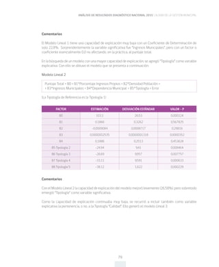 ANÁLISIS DE RESULTADOS DIAGNÓSTICO NACIONAL 2015 CALIDAD DE LA GESTIÓN MUNICIPAL
79
Comentarios
El Modelo Lineal 1 tiene una capacidad de explicación muy baja con un Coeficiente de Determinación de
solo 22,8%. Sorprendentemente la variable significativa fue “Ingresos Municipales”, pero con un factor o
coeficiente esencialmente 0,0 no afectando, en la práctica, al puntaje total.
En la búsqueda de un modelo con una mayor capacidad de explicación, se agregó “Tipología” como variable
explicativa. Con ello se obtuvo el modelo que se presenta a continuación:
Modelo Lineal 2
Puntaje Total = B0 + B1*Porcentaje Ingresos Propios + B2*Densidad Población +
+ B3*Ingresos Municipales + B4*Dependencia Municipal + B5*Tipología + Error
(La Tipología de Referencia es la Tipología 1)
FACTOR ESTIMACIÓN DESVIACIÓN ESTÁNDAR VALOR - P
B0 103,1 26,53 0,000124
B1 0,1866 0,3262 0,567825
B2 -0,0009084 0,0008717 0,29816
B3 0,0000002535 0,0000001318 0,0000352
B4 0,1886 0,2513 0,453628
B5 Tipología 2 -24,94 9,41 0,008464
B6 Tipología 3 -26,69 9,957 0,007757
B7 Tipología 4 -33,11 9,591 0,000633
B8 Tipología 5 -38,12 1,022 0,000229
Comentarios
ConelModeloLineal2lacapacidaddeexplicacióndelmodelomejorólevemente(26,58%),perosobretodo
emergió “Tipología” como variable significativa.
Como la capacidad de explicación continuaba muy baja, se recurrió a incluir también como variable
explicativa la pertenencia, o no, a la Tipología “Calidad”. Ello generó el modelo Lineal 3:
 
