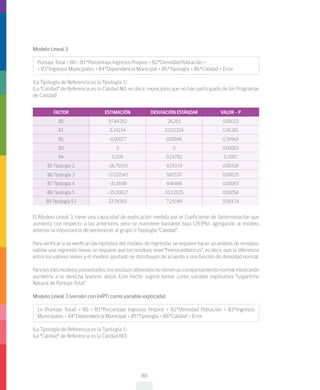 80
Modelo Lineal 3
Puntaje Total = B0 + B1*Porcentaje Ingresos Propios + B2*Densidad Población +
+ B3*Ingresos Municipales + B4*Dependencia Municipal + B5*Tipología + B6*Calidad + Error
(La Tipología de Referencia es la Tipología 1)
(La “Calidad” de Referencia es la Calidad NO, es decir, municipios que no han participado de los Programas
de Calidad)
FACTOR ESTIMACIÓN DESVIACIÓN ESTÁNDAR VALOR - P
B0 97,84282 26,201 0,00022
B1 0,24154 0,032204 0,45381
B2 -0,00077 0,00086 0,36968
B3 0 0 0,00003
B4 0,209 0,24782 0,3997
B5 Tipología 2 -26,75915 9,29319 0,00426
B6 Tipología 3 -27,02543 9,81537 0,00625
B7 Tipología 4 -31,6549 9,46469 0,00093
B8 Tipología 5 -35,20827 10,12025 0,00058
B9 Tipología S I 22,78303 7,21049 0,00174
El Modelo Lineal 3, tiene una capacidad de explicación medida por el Coeficiente de Determinación que
aumenta con respecto a las anteriores, pero se mantiene bastante baja (28,9%), agregando al modelo
anterior la importancia de pertenecer al grupo o Tipología “Calidad”.
Para verificar si se verifican las hipótesis del modelo de regresión, se requiere hacer un análisis de residuos.
validar una regresión lineal, se requiere que los residuos sean “homocedásticos”, es decir, que la diferencia
entre los valores reales y el modelo ajustado se distribuyan de acuerdo a una función de densidad normal.
Paralostresmodelospresentados,losresiduosobtenidosnotienenuncomportamientonormalmostrando
asimetría a la derecha (valores altos). Este hecho sugirió tomar como variable explicativa “Logaritmo
Natural de Puntaje Total”.
Modelo Lineal 3 (versión con ln(PT) como variable explicada):
Ln (Puntaje Total) = B0 + B1*Porcentaje Ingresos Propios + B2*Densidad Población + B3*Ingresos
Municipales + B4*Dependencia Municipal + B5*Tipología + B6*Calidad + Error
(La Tipología de Referencia es la Tipología 1)
(La “Calidad” de Referencia es la Calidad NO)
 