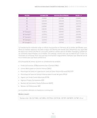 ANÁLISIS DE RESULTADOS DIAGNÓSTICO NACIONAL 2015 CALIDAD DE LA GESTIÓN MUNICIPAL
81
FACTOR ESTIMACIÓN DESVIACIÓN ESTÁNDAR VALOR - P
B0 4,58890 0,27590 0,00000
B1 0,00194 0,00339 0,56782
B2 -0,00001 0,00001 0,57270
B3 0,00000 0,00000 0,00454
B4 0,00136 0,00261 0,60357
B5 Tipología 2 -0,23613 0,09787 0,01642
B6 Tipología 3 -0,25561 0,10337 0,01395
B7 Tipología 4 -0,33241 0,09967 0,00096
B8 Tipología 5 -0,35002 0,10658 0,00114
B9 Tipología S I 0,22542 0,07593 0,00323
La transformación realizada surge un efecto muy positivo en términos de la validez del Modelo pues
ahora los residuos aparecen cercanos a seguir una distribución normal, pero obtenemos una capacidad
de explicación menor (24,2%). En conclusión, podemos señalar que las variables Tipología y Calidad son
las realmente determinantes en el modelo. Sin embargo, resulta claro que no explican por sí solas los
resultados en el Puntaje Total, sino que hay otros factores (seguramente múltiples) que deberían entrar
en el modelo para que fuera satisfactorio.
En la búsqueda de nuevas opciones se consideraron las variables:
»» Fondo de Incentivo al Mejoramiento de la Gestión (FIMG)
»» Gastos Municipales en Gestión Interna (GMGI)
»» Porcentaje de Gasto en Capacitación sobre el Gasto Total en Personal (PGCGTP)
»» Porcentaje de Gasto en Gestión Interna sobre el total del gasto (PGGI)
»» Ingreso por Fondo Común Municipal (IFCM)
»» Ingresos Propios Permanentes (IPP)
»» Numero de Funcionario Planta Profesional (NFPP)
»» Número de Profesionales (NP)
Los resultados obtenidos se muestran a continuación:
Modelo Lineal 4
Puntaje total = B0+ B1*FIMG + B2*GMGI + B3*PGGI + B4*IFCM + B5*IPP + B6*NFPP + B7*NP + Error
 