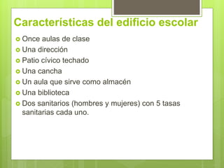 Características del edificio escolar
 Once aulas de clase
 Una dirección
 Patio cívico techado
 Una cancha
 Un aula que sirve como almacén
 Una biblioteca
 Dos sanitarios (hombres y mujeres) con 5 tasas
sanitarias cada uno.
 