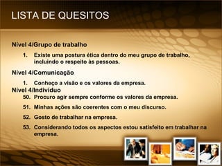LISTA DE QUESITOS Nível 4/Grupo de trabalho Existe uma postura ética dentro do meu grupo de trabalho, incluindo o respeito às pessoas. Nível 4/Comunicação Conheço a visão e os valores da empresa. Nível 4/Indivíduo   50. Procuro agir sempre conforme os valores da empresa. 51. Minhas ações são coerentes com o meu discurso. 52. Gosto de trabalhar na empresa. 53. Considerando todos os aspectos estou satisfeito em trabalhar na empresa. 
