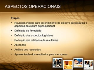 ASPECTOS OPERACIONAIS  Etapas: Reuniões iniciais para entendimento do objetivo da pesquisa e aspectos da cultura organizacional Definição do formulário Definição dos aspectos logísticos Definição dos relatórios de resultados Aplicação Análise dos resultados Apresentação dos resultados para a empresa 