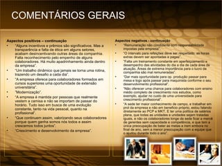 Aspectos positivos – continuação “ Alguns incentivos e prêmios são significativos. Mas a transparência e falta de ética em alguns setores, acabam desincentivando outras áreas da companhia. Falta reconhecimento pelo empenho de alguns colaboradores. Há muito apadrinhamento ainda dentro da empresa”. “ Um trabalho dinâmico que jamais se torna uma rotina, trazendo um desafio a cada dia”. “ A empresa oferece para colaboradores formados em cursos superiores uma oportunidade de extensão universitária”. ” Modernização”. “ A empresa é mantida por pessoas que realmente vestem a camisa e não se importam de passar do horário. Tudo isso em busca de uma evolução constante, tanto na vida pessoal, quanto na profissional”. “ Que continuem assim, valorizando seus colaboradores porque quem ganha somos nós todos e assim crescemos todos juntos”. “ Crescimento e desenvolvimento da empresa”. Aspectos negativos - continuação “ Remuneração não condizente com responsabilidade impostas pela empresa”. “ O intervalo para refeições deve ser respeitado, as horas extras devem ser apontadas e pagas”. “ Falta um treinamento constante em aperfeiçoamento e desempenho das atividades do dia a dia de cada área de atuação. Áreas de extrema importância para o lucro da companhia são mal remuneradas”. “ Dar mais oportunidade para op. produção passar para mesa e logo após passar para maquinista conforme o seu desenvolvimento profissional”. “ Não oferecer uma chance para colaboradores com ensino médio completo de crescimento nos estudos, como exemplo, ajudar no custo de uma universidade para crescimento profissional”. “ A sede ter maior conhecimento de campo, e trabalhar em prol da empresa e não em beneficio próprio, estou falando diretamente ao PCP e MKT. E ter uma política de salários plana, que todas as unidades e unidades sejam tratadas iguais, e não os colaboradores longe da sede ficar a mercê de gerentes sem capacidade e competência, e que tem a única preocupação de bater as metas e irem embora no final de ano, sem a menor preocupação com a equipe que o ajudou durante todo o ano”. COMENTÁRIOS GERAIS  