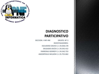 SECCION: I-INF-4M GRUPO: Nº 3 
INVESTIGADORES: 
ESCUDERO DAVID C.I: 24.038.178 
DELGADO JESÚS C.I: 24.542.412 
FARRERAS GEORDY C.I: 24.542.723 
ANZOÁTEGUI WILSON C.I: 25.755.062 
 