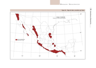92 SISTEMA NACIONAL DE PROTECCIÓN CIVIL 
RIESGOS GEOLÓGICOS 
Figura 56. Flujos de lodo y escombros por lluvia 
Escala 1:16,000,000 
Proyección de Lambert Azimuthal Equiarea 
z1o:n azso cnoan spotencial para 
la generación de flujos 
32° 
24° 
16° 
112° 104° 96° 88° 
 