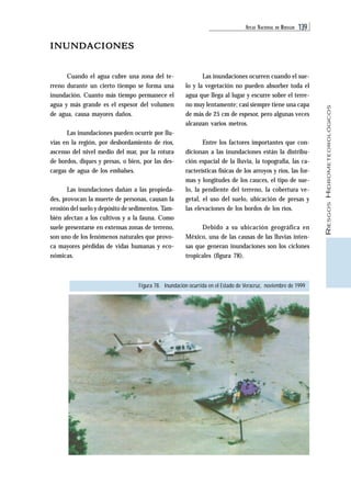 ATLAS NACIONAL DE RIESGOS 139 
RIESGOS HIDROMETEOROLÓGICOS 
INUNDACIONES 
Cuando el agua cubre una zona del te-rreno 
durante un cierto tiempo se forma una 
inundación. Cuanto más tiempo permanece el 
agua y más grande es el espesor del volumen 
de agua, causa mayores daños. 
Las inundaciones pueden ocurrir por llu-vias 
en la región, por desbordamiento de ríos, 
ascenso del nivel medio del mar, por la rotura 
de bordos, diques y presas, o bien, por las des-cargas 
Figura 78. Inundación ocurrida en el Estado de Veracruz, noviembre de 1999 
de agua de los embalses. 
Las inundaciones dañan a las propieda-des, 
provocan la muerte de personas, causan la 
erosión del suelo y depósito de sedimentos. Tam-bién 
afectan a los cultivos y a la fauna. Como 
suele presentarse en extensas zonas de terreno, 
son uno de los fenómenos naturales que provo-ca 
mayores pérdidas de vidas humanas y eco-nómicas. 
Las inundaciones ocurren cuando el sue-lo 
y la vegetación no pueden absorber toda el 
agua que llega al lugar y escurre sobre el terre-no 
muy lentamente; casi siempre tiene una capa 
de más de 25 cm de espesor, pero algunas veces 
alcanzan varios metros. 
Entre los factores importantes que con-dicionan 
a las inundaciones están la distribu-ción 
espacial de la lluvia, la topografía, las ca-racterísticas 
físicas de los arroyos y ríos, las for-mas 
y longitudes de los cauces, el tipo de sue-lo, 
la pendiente del terreno, la cobertura ve-getal, 
el uso del suelo, ubicación de presas y 
las elevaciones de los bordos de los ríos. 
Debido a su ubicación geográfica en 
México, una de las causas de las lluvias inten-sas 
que generan inundaciones son los ciclones 
tropicales (figura 78). 
 